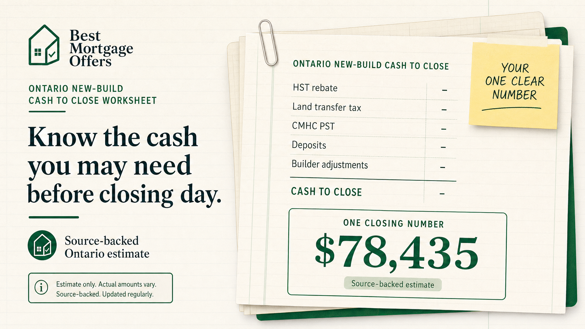 Paper ledger showing Ontario new-build cash to close beside a sticky note that says one closing number.